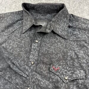 Rodeo Carte Mens Western Snap Shirt Black Grey Print Pearl Snap XL Long Sleeve
